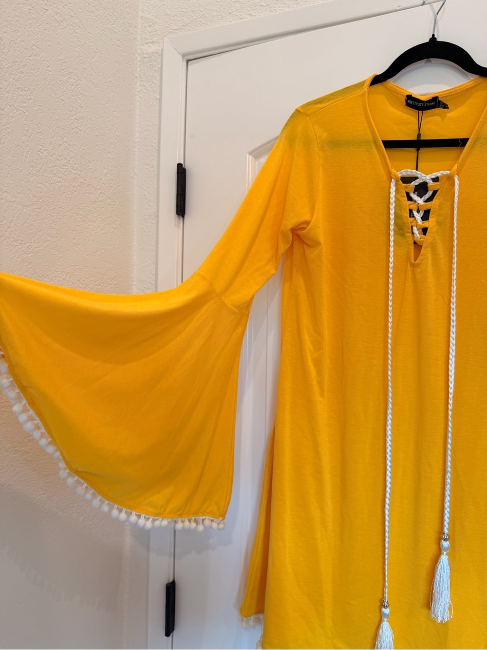 NEW✨PrettyLittleThing Yellow Lace-Up Bell Sleeve Dress